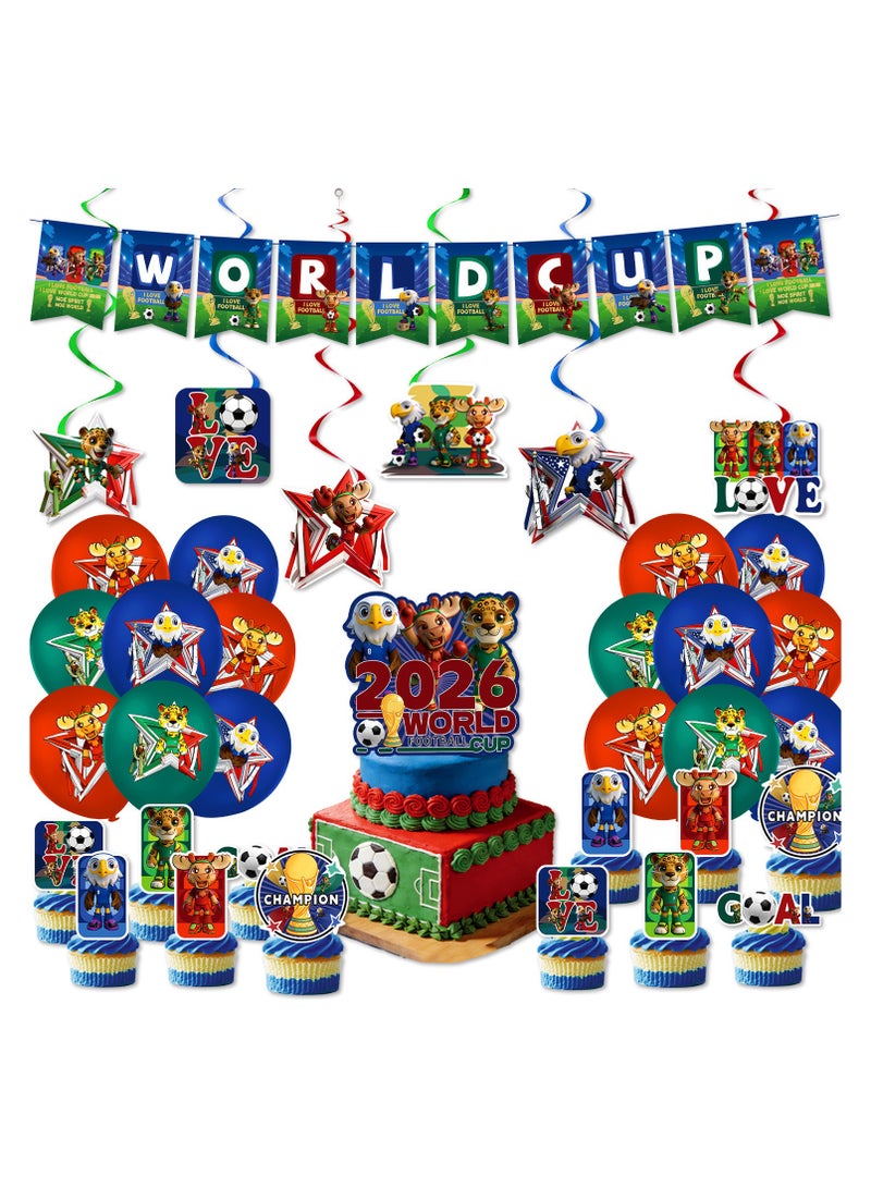2026 USA-Canada-Mexico World Cup Mascot Party Decorations 5-Piece Set Eagle-Deer-Leopard Theme Pull Flags, Hanging Swirls, Plug-in Balloons Fan Festival Gathering Decorations - Image 1